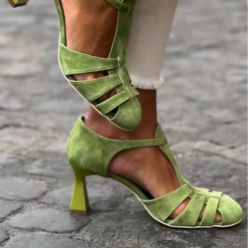 Summer Clothing On Sale - Women's Green Suede Kitten Heel T-Strap