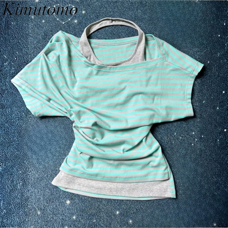 Summer Grunge Clothing - Kimutomo Women T Shirts Striped Printed