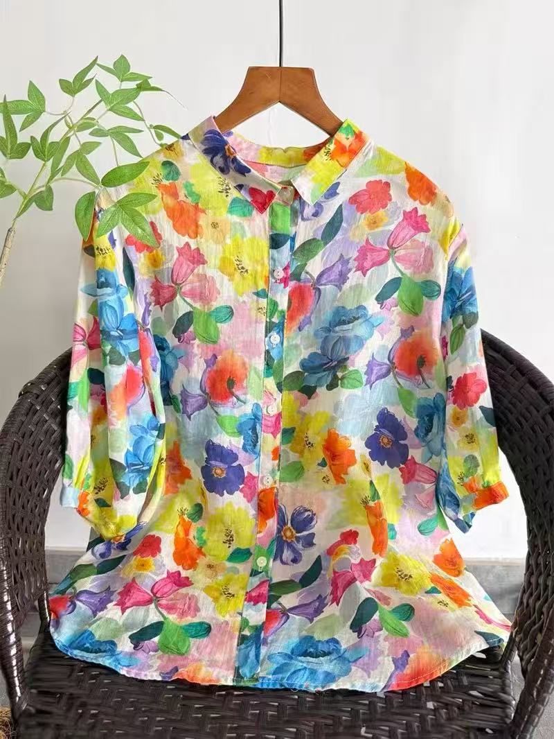 Summer Clothing In Japan - 2026 Pure Ramie Print Shirt Women