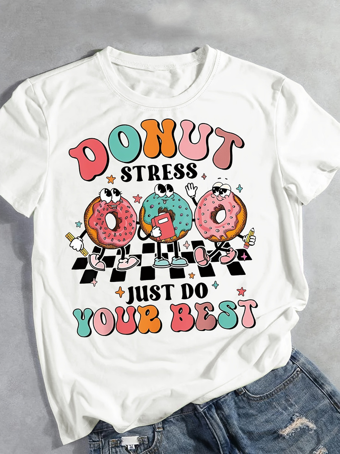 Cartoon Donut Print T-shirt, S - Summer Clothing Trends For Women 2026 review and price